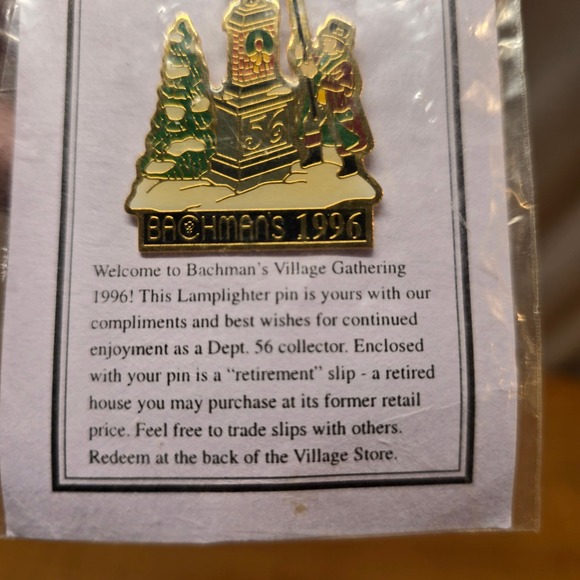 Department 56 Bachman's Village LAMPLIGHTER 1996 Collect pin PLUS retire slip - Picture 3 of 5